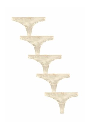 Fem par cremefarvede trusser lavet af blødt stof, med delikate sløjfer på forsiden. Enkel design med minimale udsmykninger.