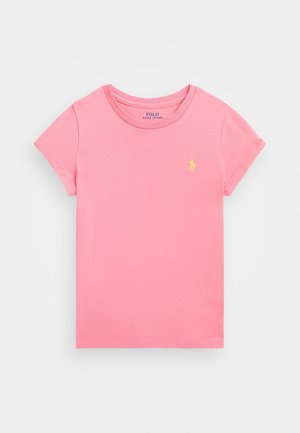 Pink t-shirt med korte ærmer og rund hals med lille gult Polo Ralph Lauren-logo broderet på venstre bryst.