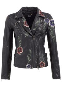Czarna skórzana kurtka z haftem kwiatowym w kolorze czerwonym, niebieskim i zielonym. Posiada asymetryczne zamki, zamki przy mankietach oraz dopasowany krój.