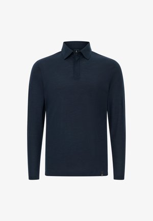 Polo a maniche lunghe blu navy con colletto e placca con due bottoni, esposto su uno sfondo bianco semplice.