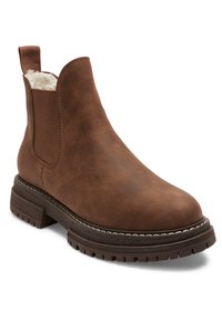 Brown leather ankle boot with a smooth finish, elastic side panels, a soft interior lining, and a textured rubber sole with tread details.