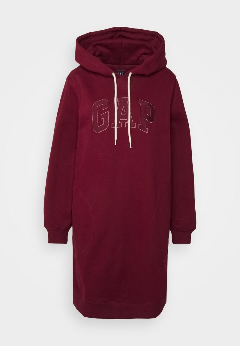 Robe à capuche bordeaux à manches longues avec poches avant et cordons blancs, avec un grand logo GAP cousu sur la poitrine.