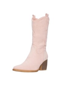 Różowe zamszowe kowbojki z okrągłym przodem, teksturowanymi wzorami i piętą z grubego drewna. Posiadają pętle na górze, co ułatwia ich zakładanie.