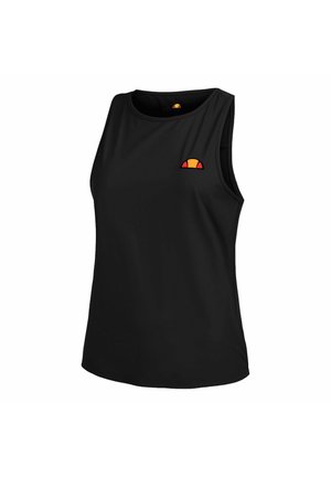 Schwarzes ärmelloses sportliches Tanktop mit rundem Ausschnitt und kleinem rot-orangefarbenem Halbkreis-Logo auf der oberen linken Brust.