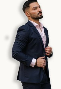 Navy blazer and light pink shirt combination with a fitted design. Features a smooth texture, button details, and a sleek silhouette.