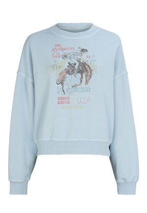 Hellblaues Sweatshirt mit Rundhalsausschnitt und überschnittenen Schultern, mit einem grafischen Design eines Cowboys auf einem steigenden Pferd sowie Textdetails.
