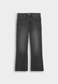 Sorte denim flared jeans med en falmet finish, der har en frontknaplukning, bælteløkker og to sidelommer.