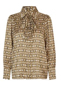 Braun gemusterte Bluse mit hohem Kragen und Schleifendetail. Der Stoff zeichnet sich durch komplizierte geometrische Designs in Gold- und Weißtönen aus.