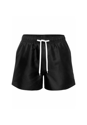 Sorte svøm shorts med en blød tekstur, elastisk talje og hvid snøre. Har et enkelt design og knælængde.