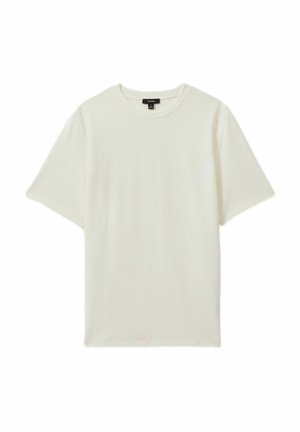 Tricou alb cu manecă scurtă, fabricat dintr-un material texturat, cu guler rotund și croi lejer. Fără modele sau accesorii vizibile.