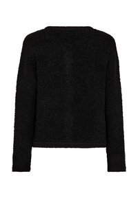 Zwarte fuzzy trui met een ronde halslijn, lange mouwen en geribbelde zoom. Zachte textuur met een losse, comfortabele pasvorm, geschikt voor lagen.