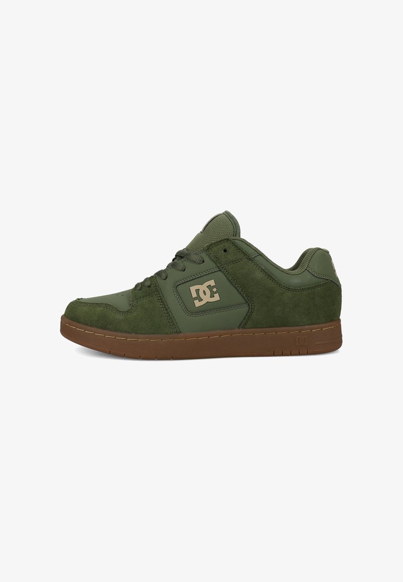 Green sneaker with a suede and synthetic upper, lace-up design, logo accent, rubber sole, and padded collar for comfort.
