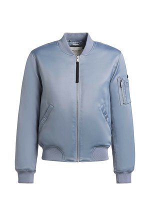 Veste bomber bleu clair avec fermeture éclair frontale, col côtelé, poignets, taille, poches latérales inclinées et poche sur la manche avec fermeture éclair.
