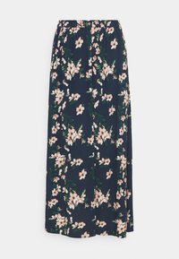 Granatowa spódnica w kwiaty z różowymi kwiatami, wykonana z miękkiego materiału. Posiada elastyczną talię i swobodny krój z bocznymi plisami.