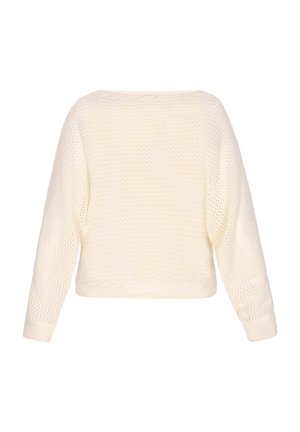 Krēmkrāsas, īsām piedurknēm adīta džemperis ar brīvu piegriezumu. Iezīmējas ar teksturētu dūriena rakstu un īsu apakšmalu.