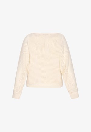 Krēmkrāsas, īsām piedurknēm adīta džemperis ar brīvu piegriezumu. Iezīmējas ar teksturētu dūriena rakstu un īsu apakšmalu.