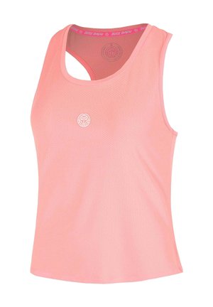 Pinkes ärmelloses Sporttop mit perforiertem Stoff und rundem Ausschnitt, mit kleinem weißem Logo auf der Brust.