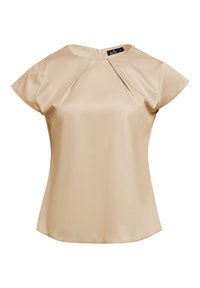 Beżowa bluzka z krótkim rękawem i okrągłym dekoltem, z plisowanymi detalami z przodu, wykonana z gładkiego, błyszczącego materiału, z suwakiem z tyłu.