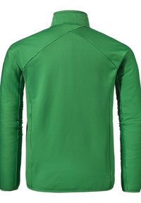 Grüne Jacke mit hohem Kragen, hergestellt aus strukturiertem Stoff mit vertikalen Streifen, körpernahem Schnitt und kontrastierenden Nähten an den Seiten.