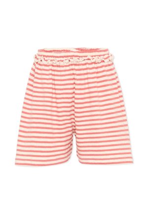 Pantaloncini a righe orizzontali rosa e bianchi con vita elastica e rifinitura in pizzo con volant in cima, stesi su sfondo bianco.