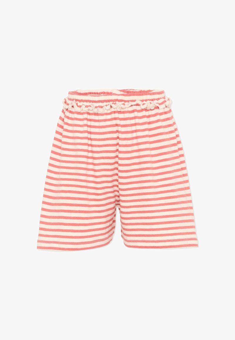 Shorts rayés horizontalement rose et blanc avec taille élastique et bordure à volants en dentelle en haut, étalés à plat sur un fond blanc.