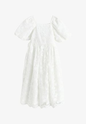 Biele midi šaty s nadýchanými rukávmi, štvorcovým výstrihom a kvetinovou čipkou s vykrojeným lemom.