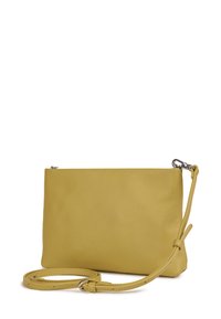 Rectangular yellow leather crossbody bag with a detachable strap, smooth texture, and silver hardware detail at the zipper.