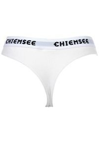 Weiße Tanga-Unterwäsche aus weichem Material, mit einem kontrastierenden schwarzen Logo auf einem weißen Bund und einem minimalistischen Design.