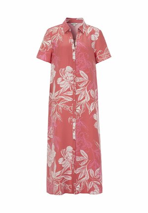 Mellemlang kjole med knapper i dusty rose med korte ærmer, krave og hvide og pink blomsterblad mønstre.