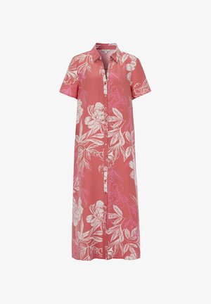 Midikleid mit Knopfleiste in Staubrosa mit kurzen Ärmeln, Kragen und weißen sowie rosa floralen Blattmustern.