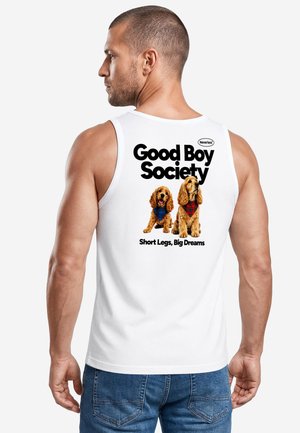 Man wearing white sleeveless shirt with text "Good Boy Society" and two dogs wearing scarves printed on the back.