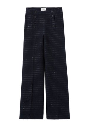 Pantalones de pierna ancha en color marino, confeccionados con una tela texturada, que presentan rayas horizontales, un frente abotonado y dos grandes botones delanteros en la cintura.
