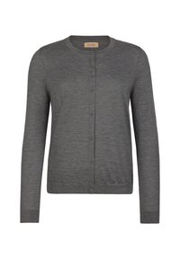 Grauer Cardigan aus weichem Material, mit Rundhalsausschnitt, langen Ärmeln und einer durchgehenden Knopfleiste mit passenden Knöpfen.