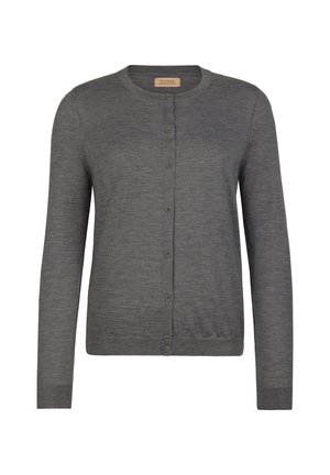 Grå kofta av mjukt material med rund halsringning, långa ärmar och knäppt fram med matchande knappar.