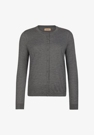 Grå kofta av mjukt material med rund halsringning, långa ärmar och knäppt fram med matchande knappar.