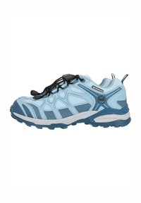 Light blue waterproof hiking shoe with a textured upper, black elastic laces, and a rubber sole featuring multi-directional traction patterns.