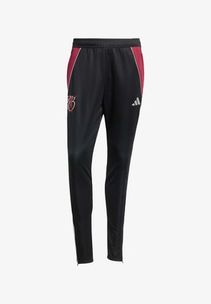 Pantaloni sportivi neri con accenti rossi, vita elasticizzata, polsini con zip e logo stampato sulla gamba sinistra. Realizzati in tessuto leggero e liscio.