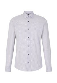 Chemise boutonnée gris clair avec un motif de points géométriques. Dotée d'un col classique, de manches longues et de boutons noirs. Texture du tissu lisse.