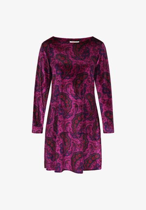 Hosszú ujjú ruha élénk lila anyagból, piros, kék és fekete paisley mintákkal. Puha tapintású, laza szabású dizájn.