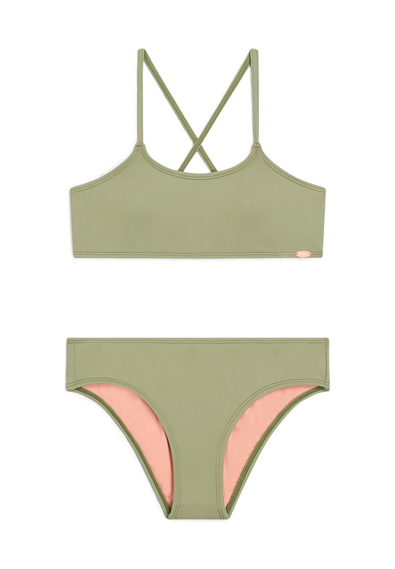 Set di bikini verde khaki con top corto caratterizzato da spalline incrociate e un fondo abbinato con dettagli rosa sui lati. Tessuto liscio.