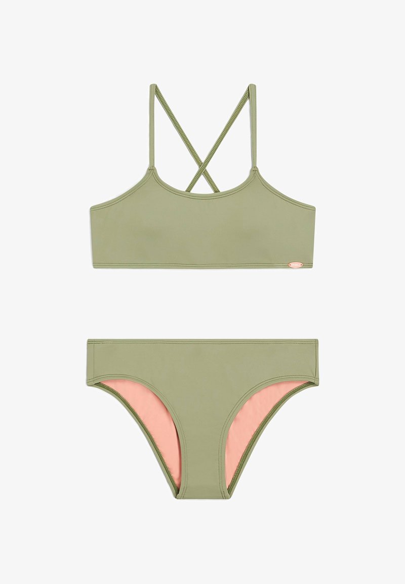 Khaki green bikini set with a cropped top featuring crisscross straps and a matching bottom with pink accents on the sides. Smooth texture.
