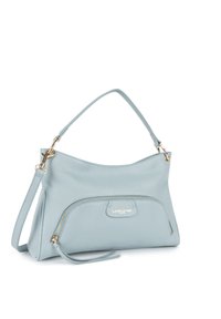 Borsa a tracolla in pelle azzurro chiaro con una forma curva, manico superiore e tracolla removibile. Caratterizzata da dettagli in tonalità oro e una tasca con zip frontale.