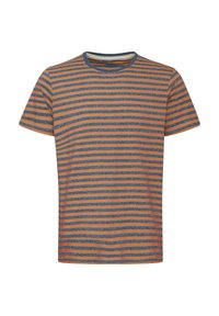 Striped t-shirt featuring orange and blue horizontal stripes, short sleeves, crew neck, made of soft fabric with a casual fit.