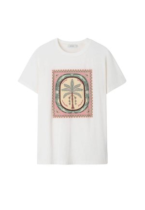 T-shirt blanc à manches courtes avec un design rectangulaire central représentant un palmier stylisé et une bordure géométrique décorative.