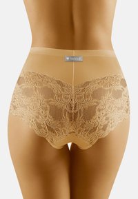 Beige High-Waist-Slip mit einer Spitzenkante auf der Rückseite, floralem Muster und einem glatten Bund mit einem Logo-Tag.