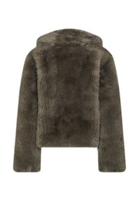Khaki sintetički krzneni jakna s mekanom, plišanom teksturom, dugim rukavima, kapuljačom i skraćenim, kutijama oblikovanim dizajnom bez vidljivih kopči.