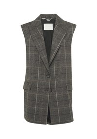 Gilet in plaid di lana con tonalità marroni e grigie, dotato di risvolto, chiusura a doppio bottone e tasche laterali. Interno non foderato.
