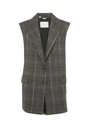 Gilet in plaid di lana con tonalità marroni e grigie, dotato di risvolto, chiusura a doppio bottone e tasche laterali. Interno non foderato.