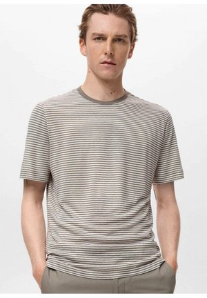 Striped short-sleeve T-shirt in light beige with dark gray stripes, featuring a round neckline and soft texture.