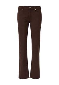 Jeans en denim marron avec une coupe droite, stylisés avec cinq poches et des accents en métal, offrant une texture lisse et une taille standard.